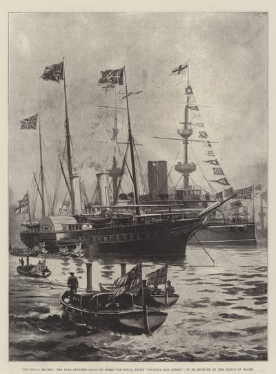 La revue navale, les officiers de pavillon embarquant à bord du yacht royal Victoria et Albert pour être reçus par le prince de Galles - Charles John de Lacy